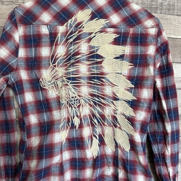 Rock & Roll Cowgirl Western Indian Pearl Snap Long Sleeve Plaid Shirt Sz Medium - Picture 7 of 10